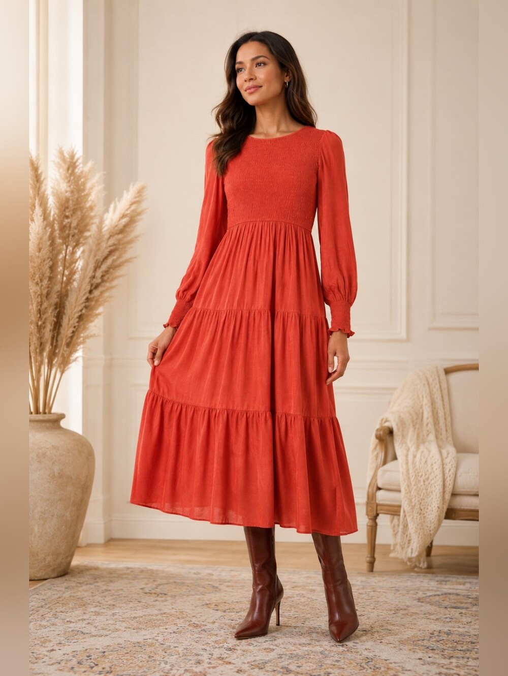 ZESICA Rust Smocked Tiered Midi Dress Long Sleeve Boho Cottagecore XL NWT